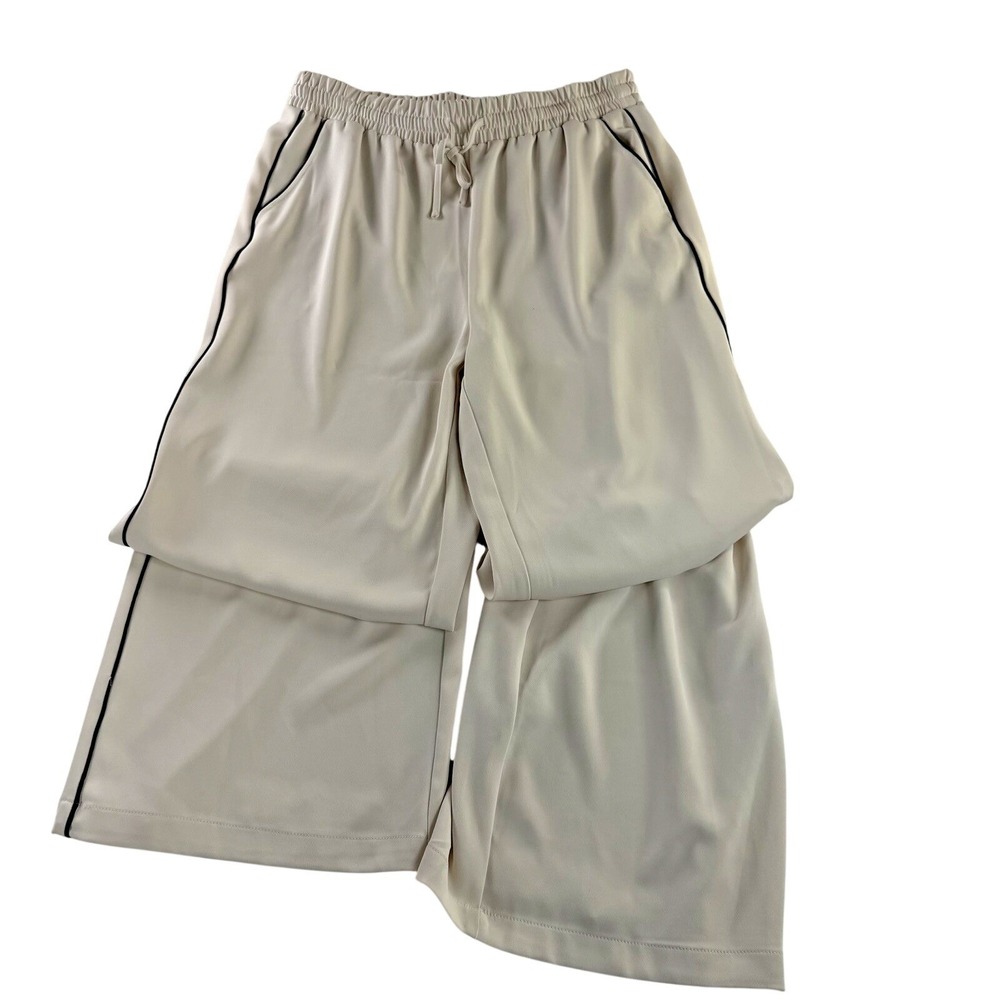 NWT Melloday Wide Leg Ivory With Black Piping Elastic Tie Waist Large - Picture 2 of 8
